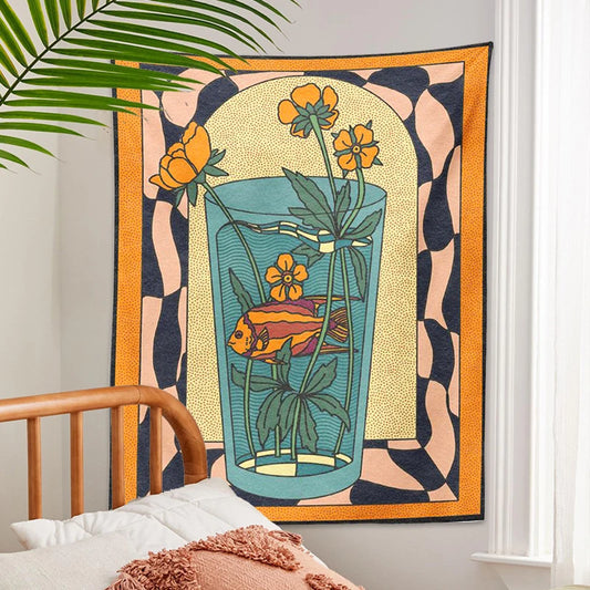 Vintage Inspired Tapestry Wall Hanging Psychedelic vase goldfish flower Decor Minimalist Print Bohemian Art Wall Decor Mural